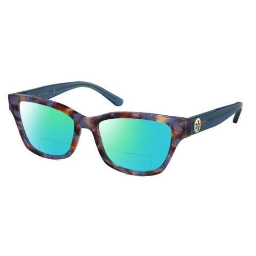 Tory Burch TY2112U Cat Eye Polarized Bifocal Sunglasses Blue Brown Tortoise 51mm Green Mirror