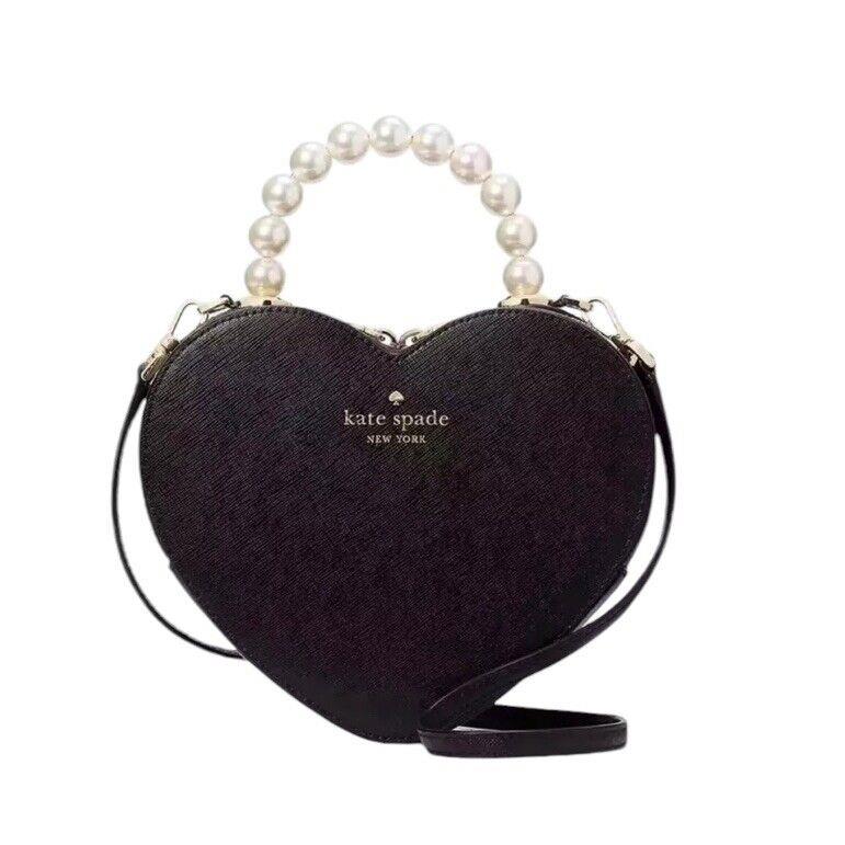 Kate Spade KF516 Love Shack Heart Pearl Crossbody Purse Black Leather