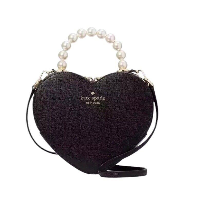 Kate Spade KF516 Love Shack Heart Pearl Crossbody Purse Black Leather - Handle/Strap: Black, Hardware: Gold, Exterior: Black