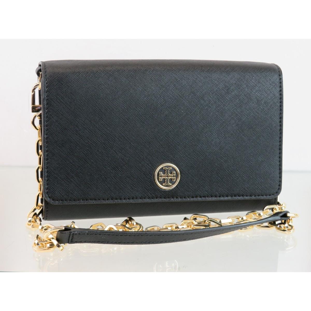 Tory Burch Robinson Black Saffiano Leather Gold Chain Shoulder Clutch Bag