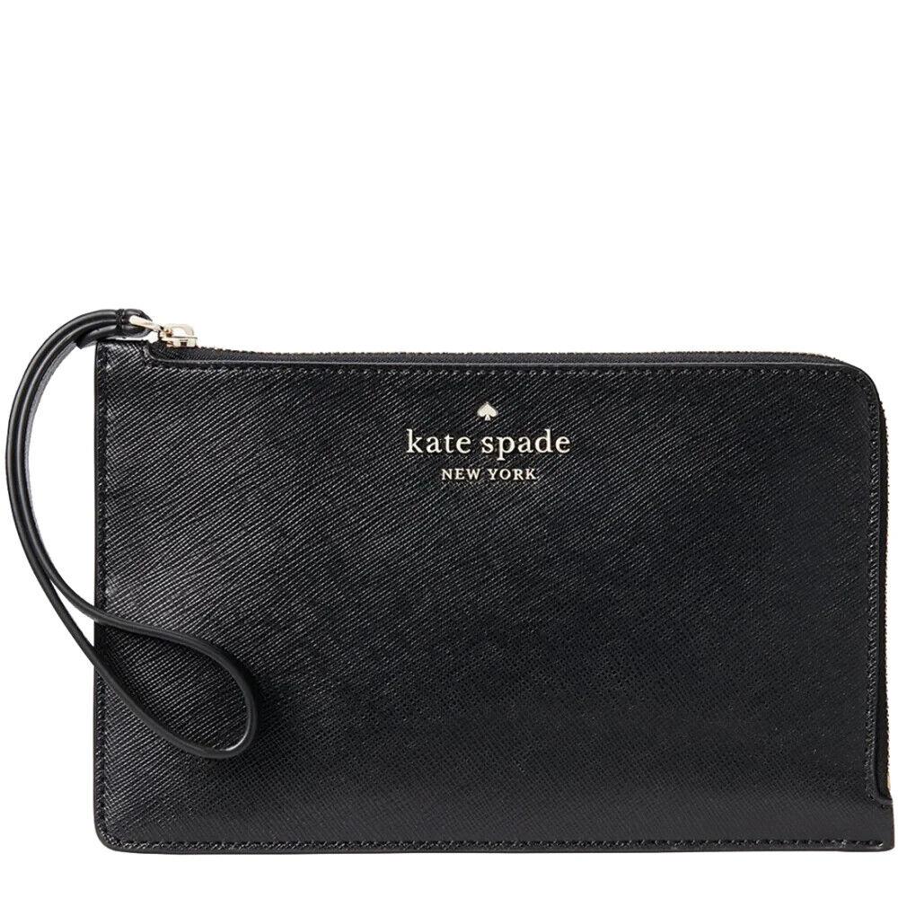 New Kate Spade Staci Medium L Zip Black Leather Wristlet