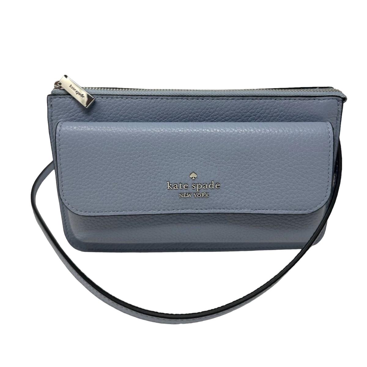 Kate Spade Leila Small Flap Pebbled Leather Crossbody Bag Muted Blue K8284 - Exterior: Muted Blue