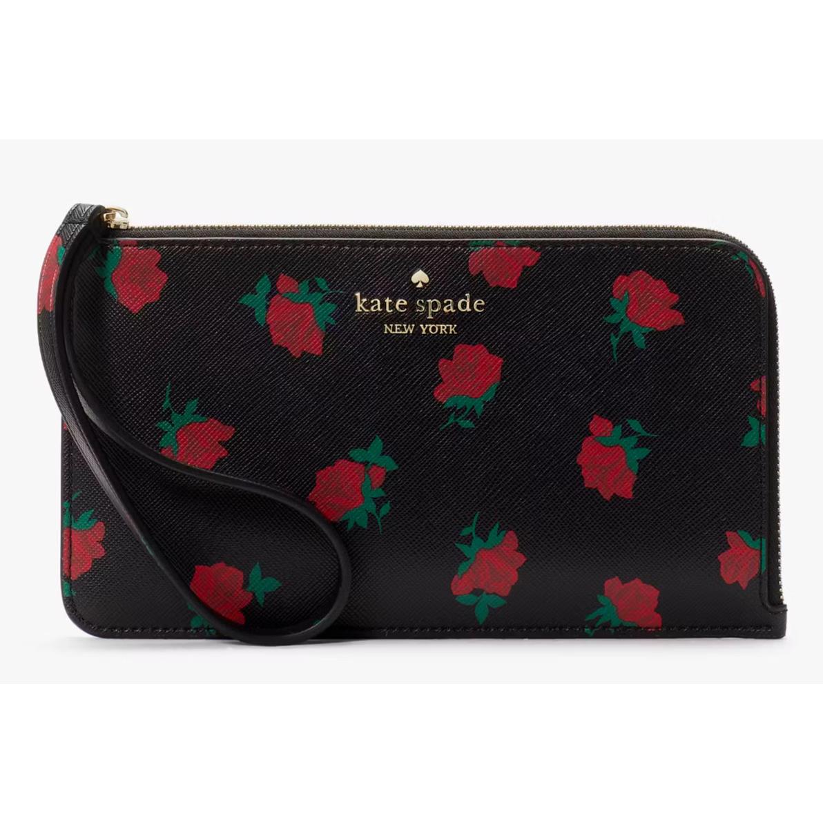 Kate Spade Lucy Medium L-zip Wristlet KE634 Black Red Roses Retail