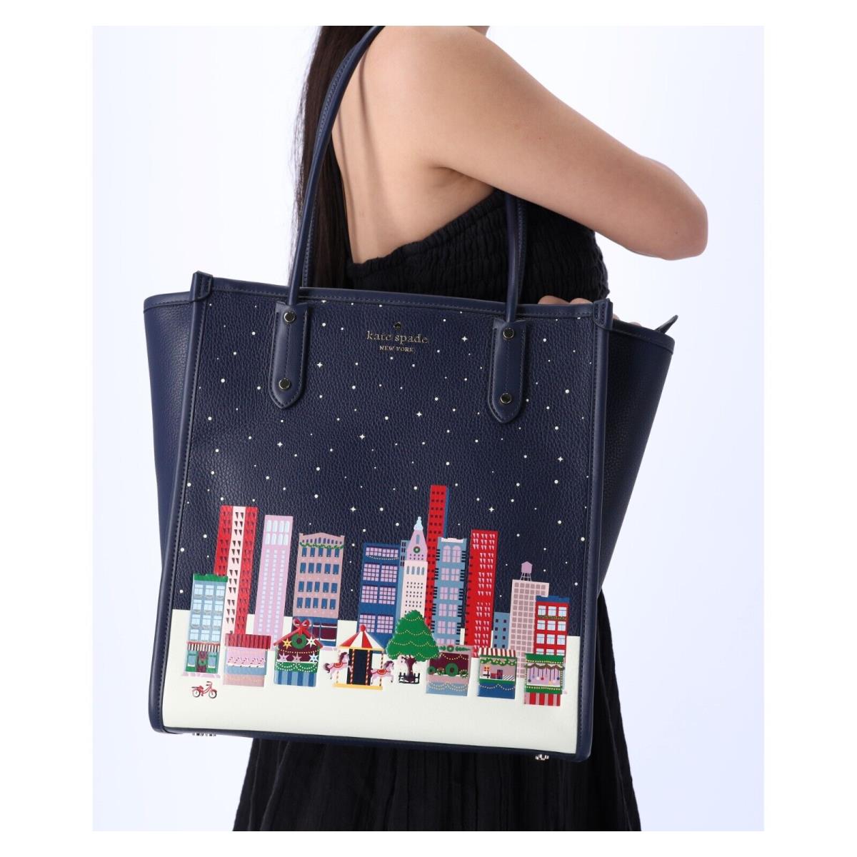 Kate Spade Ella North South Large Tote Winter Wonder Christmas Limited Edition - Handle/Strap: Blue, Hardware: Gold, Exterior: Blue