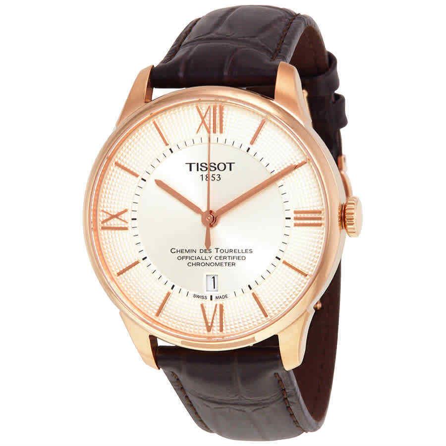 Tissot Chemin Des Tourelles Automatic Men`s Watch T099.408.36.038.00 - Dial: Silver, Band: Brown, Bezel: Gold