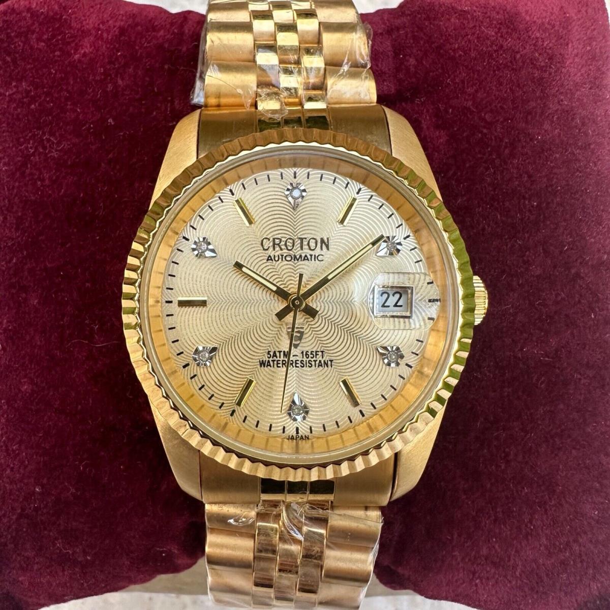 + Croton President Automatic Six Diamond Watch 5 Atm 50m Gold Plated +