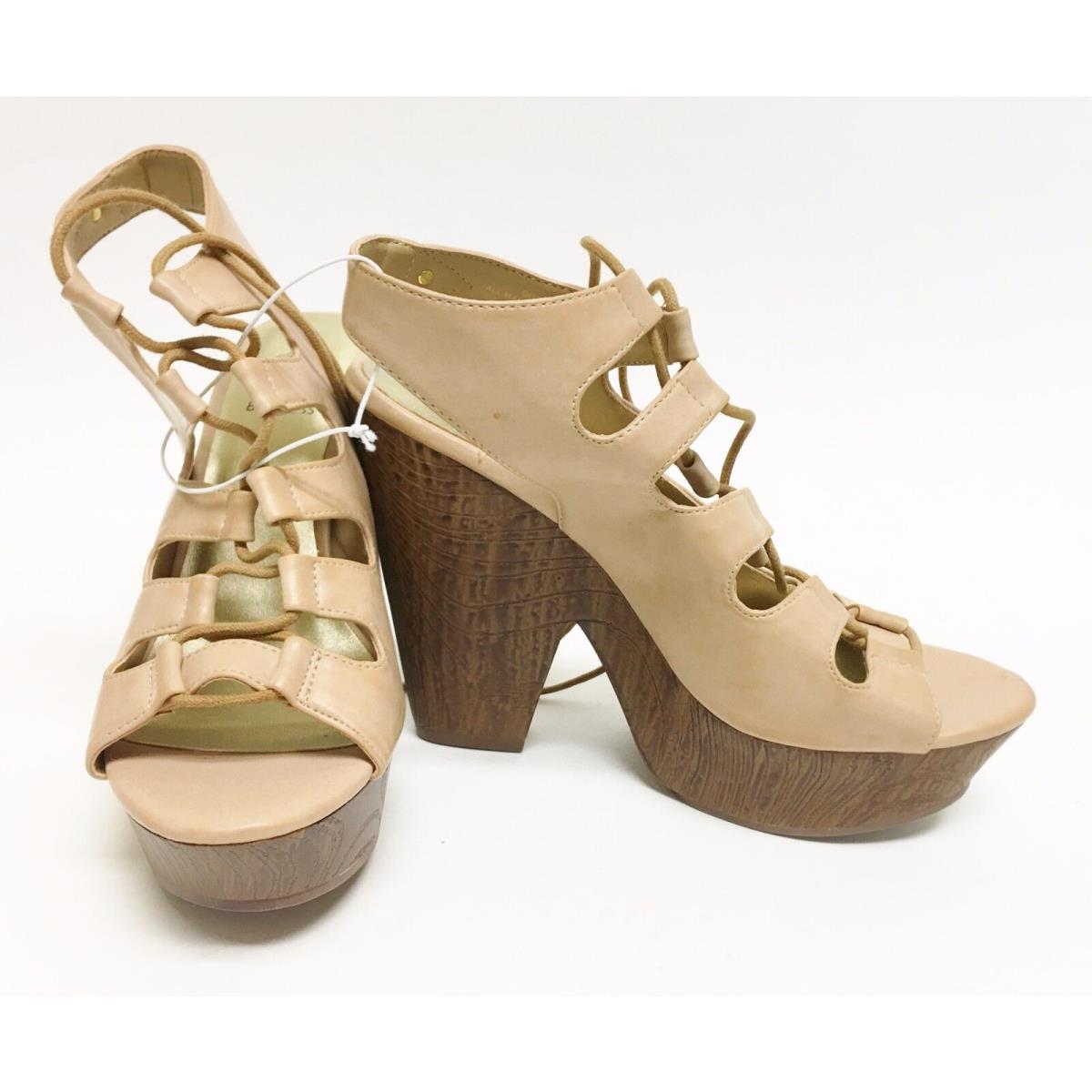 Guess Hexen Tan Beige Leather Open Toe Laces Wedge Heels Shoes-sz 7 7.5