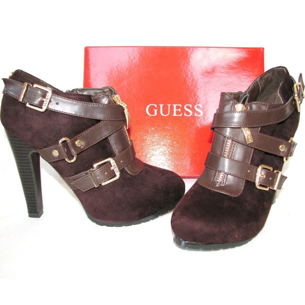 Guess Marissa Brown Suede-like+straps+gold Buckles High Heel Bootie Shoes