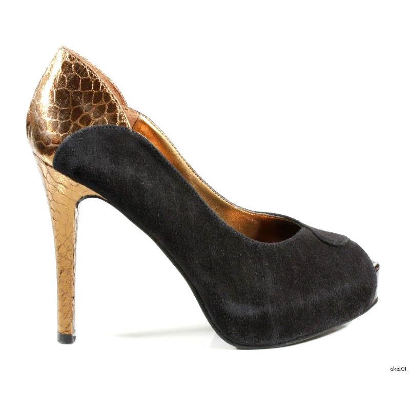 Guess Black Suede `lea` Open-toe Bronze Heel Platforms Shoes - Sexy