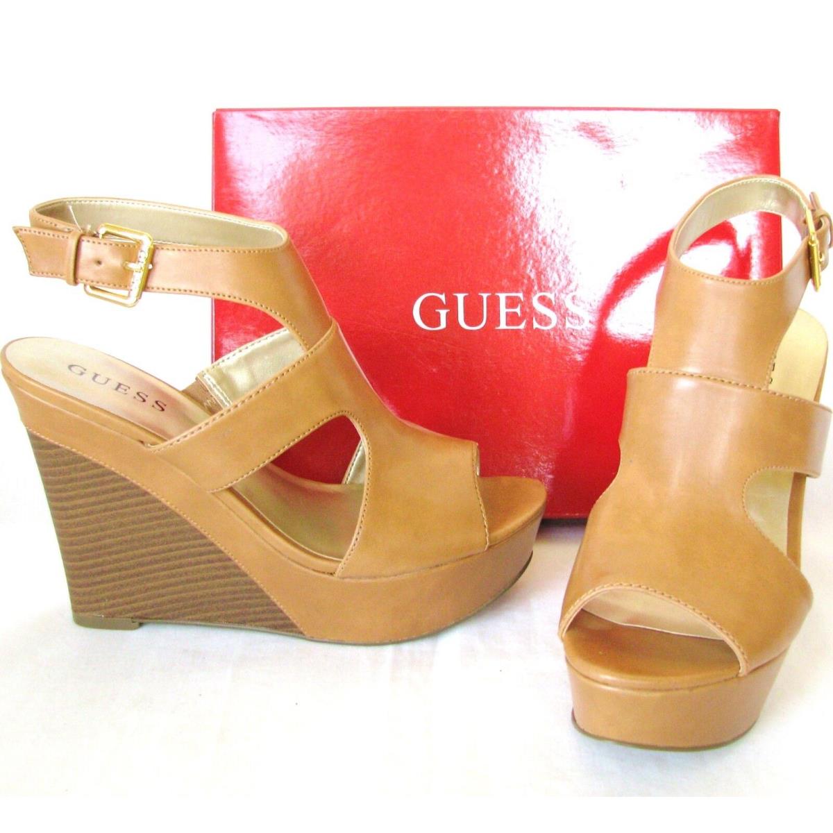 Guess Shai Brown Leatherette Cutout+gold Buckle Heel Wedges Sandal Shoes+box