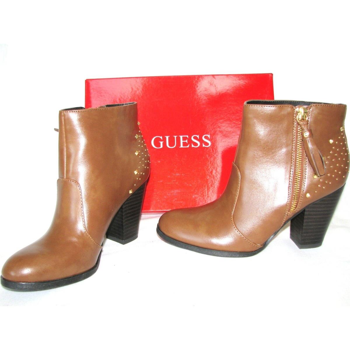 Guess Karren Brown Leatherette+gold Studs Zipper Bootie Boots Shoes+heel+box