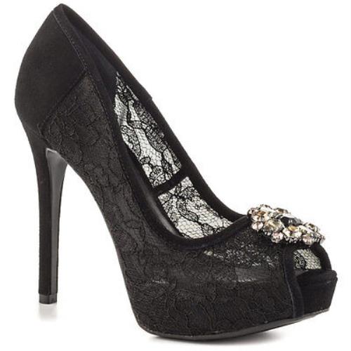 Guess Hot Spot Black Lace Peep-toe Pump Shoes W/stunning Rhinestone Brooch