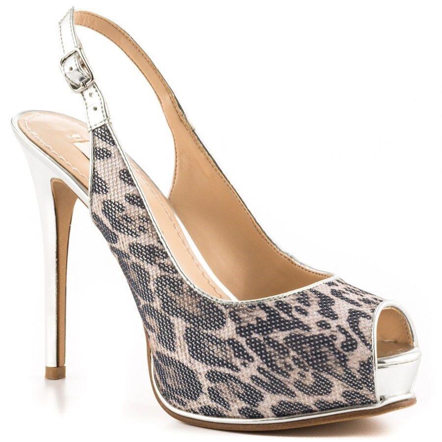 Guess Silver Leopard Peep-toe Slingback Platform Heels Shoes Silver