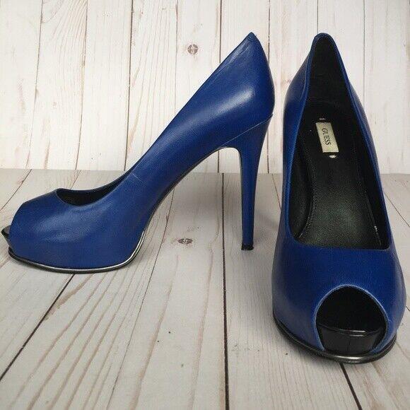 Guess Honora Blue Leather Peep-toe Pump Shoes Heels 9M