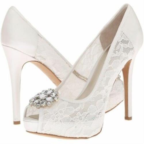 Guess Hot Spot White Lace Peep-toe Pump Shoes W/stunning Rhinestone Brooch 9M