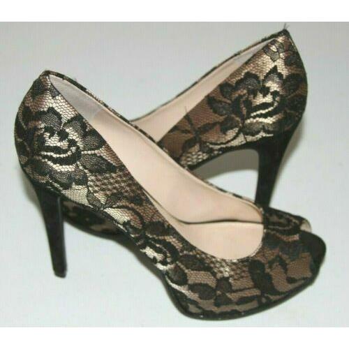 Guess Honora Black Multi Lace Peep-toe Pump Shoes Heels 9M