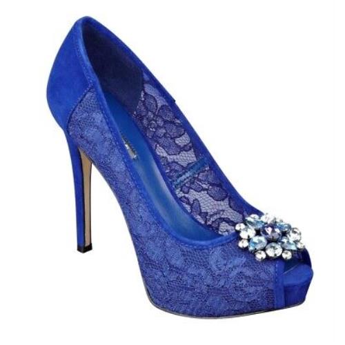 Guess Hot Spot Blue Lace Peep-toe Pump Shoes W/stunning Rhinestone Brooch 9M