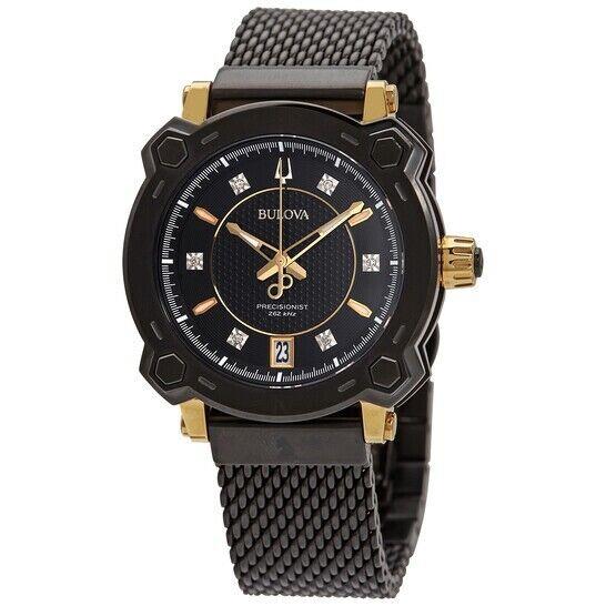 Bulova Precisionist Grammy Edition Women`s Quartz Black IP Watch 38MM 98P173 - Dial: Black, Band: Black, Bezel: Black