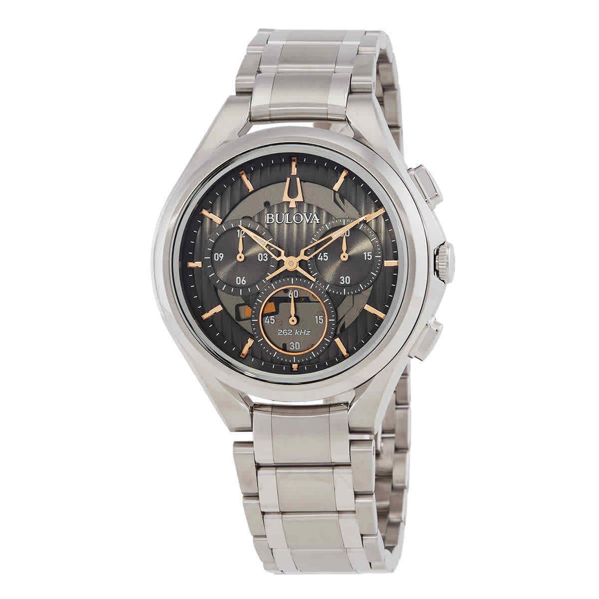 Bulova Curv Chronograph Quartz Grey Dial Men`s Watch 96A298 - Dial: Grey, Band: Silver-tone, Bezel: Silver-tone