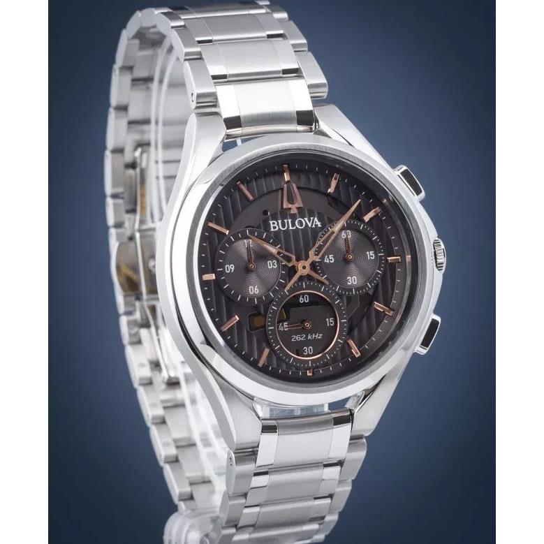 Bulova Curv Gray Dial Sapphire Crystal Five Hand Chronograph Watch 96A298 - Dial: Gray, Band: Silver, Bezel: Silver