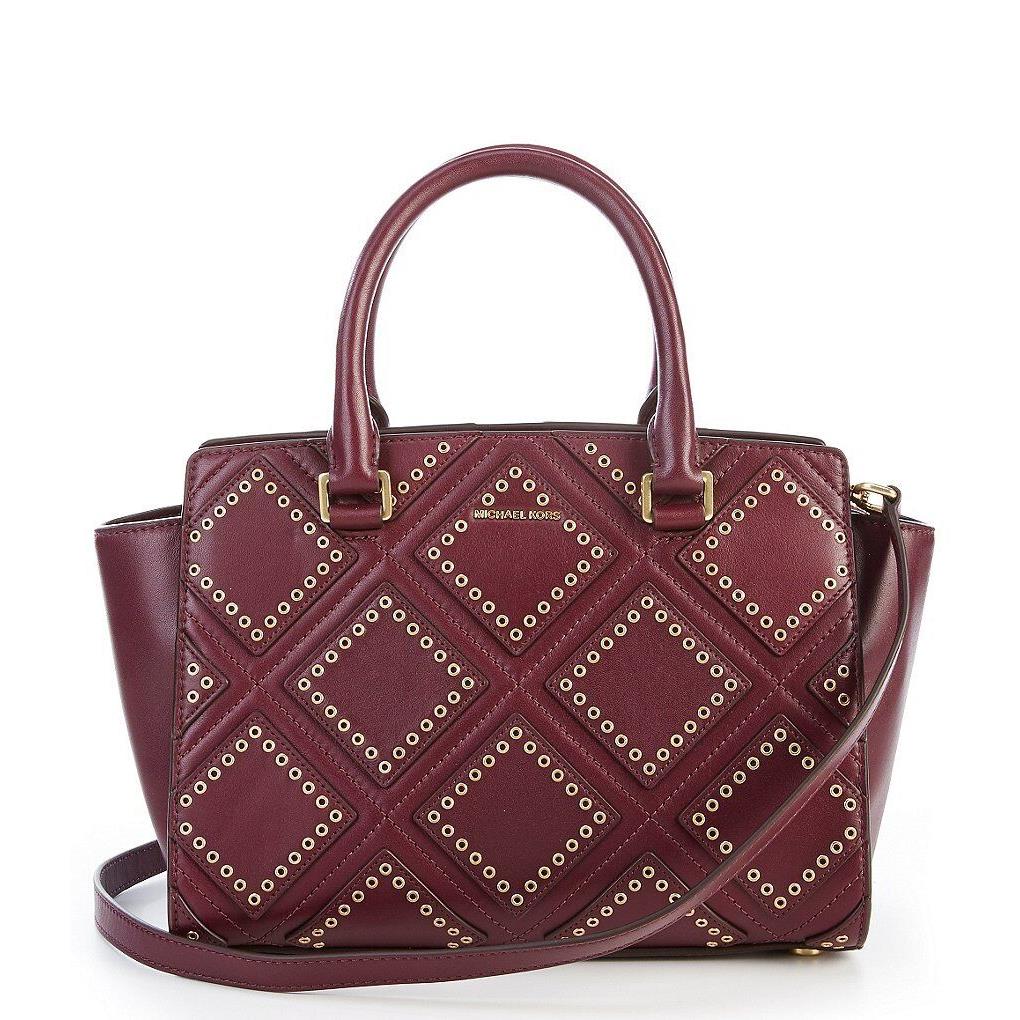 Michael Kors Selma Medium Diamond Grommet Top Zip Plum Red Leather Satchel