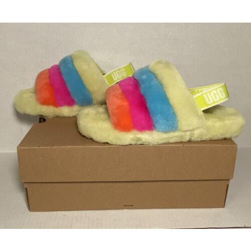 Ugg Fluff Yeah Slide Women 5 Fuzzy Rainbow Shoe Slipper Sandal Strap 1116570K