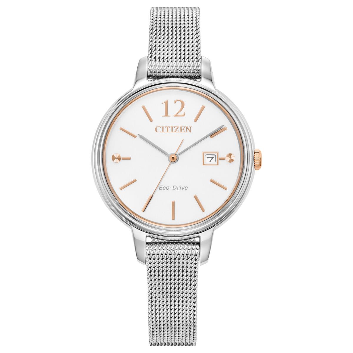 Citizen Women`s Classic 31mm Eco-drive Solar Quartz Watch EW2441-77A - Dial: White, Band: Silver Tone, Other Dial: White