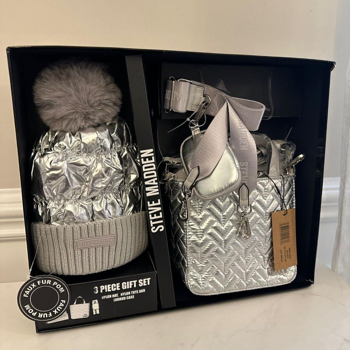 Steve Madden 3 Piece Gift Set Silver Grey Crossbody Bag Earbud Case and Hat