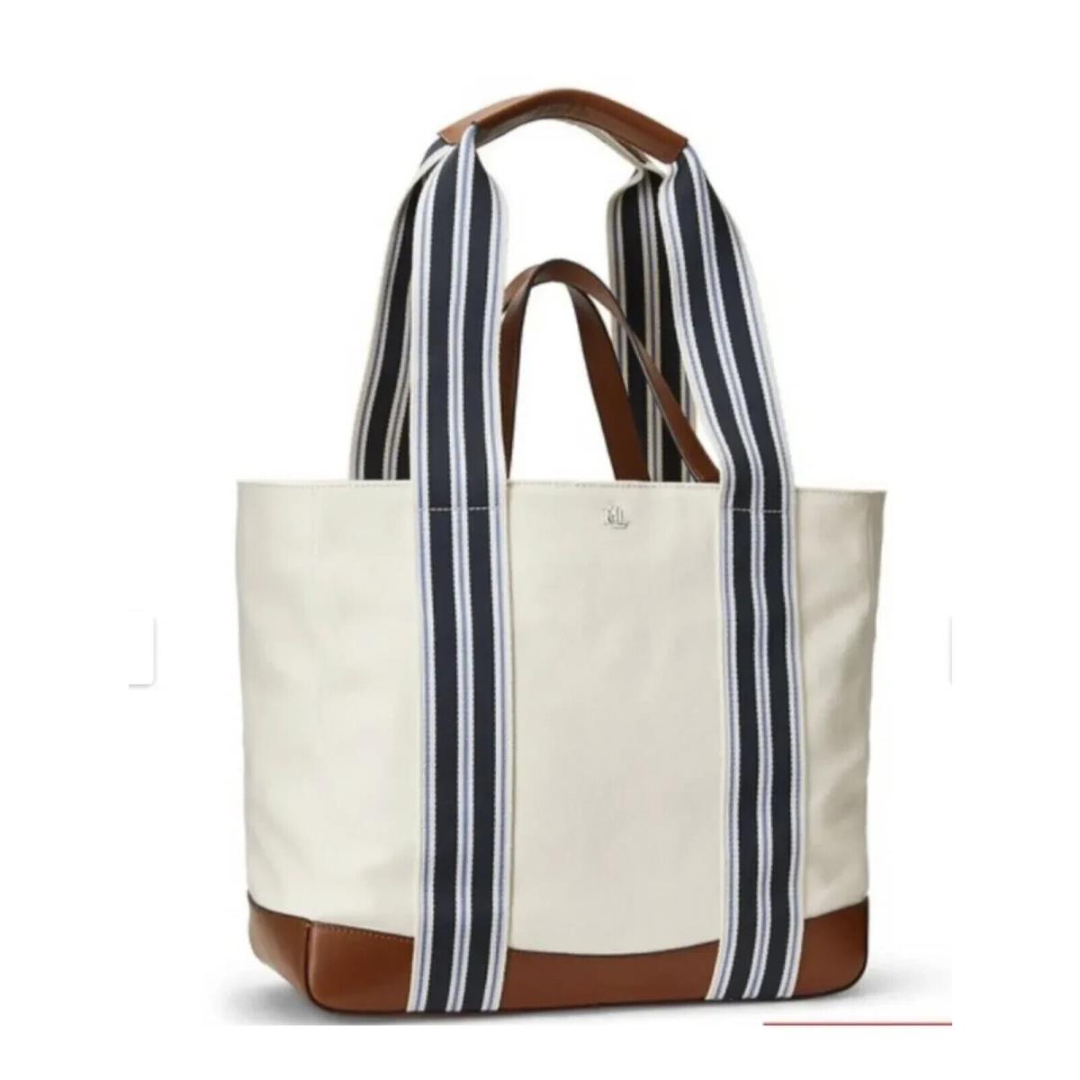 Lauren Ralph Lauren Lora Large Striped Double Handled White Canvas Tote Bag