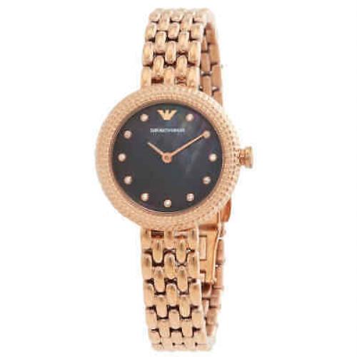 Emporio Armani Rosa Quartz Crystal Ladies Watch AR11432 - Dial: Black Mother of Pearl, Band: Rose Gold-tone, Bezel: Rose Gold-tone