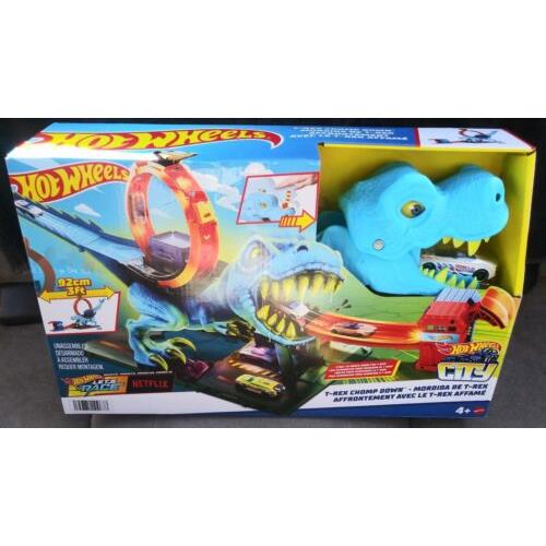 Hot Wheels City Blue T-rex Chomp Down Loop Track Mattel Car 3 Feet Long Netflix