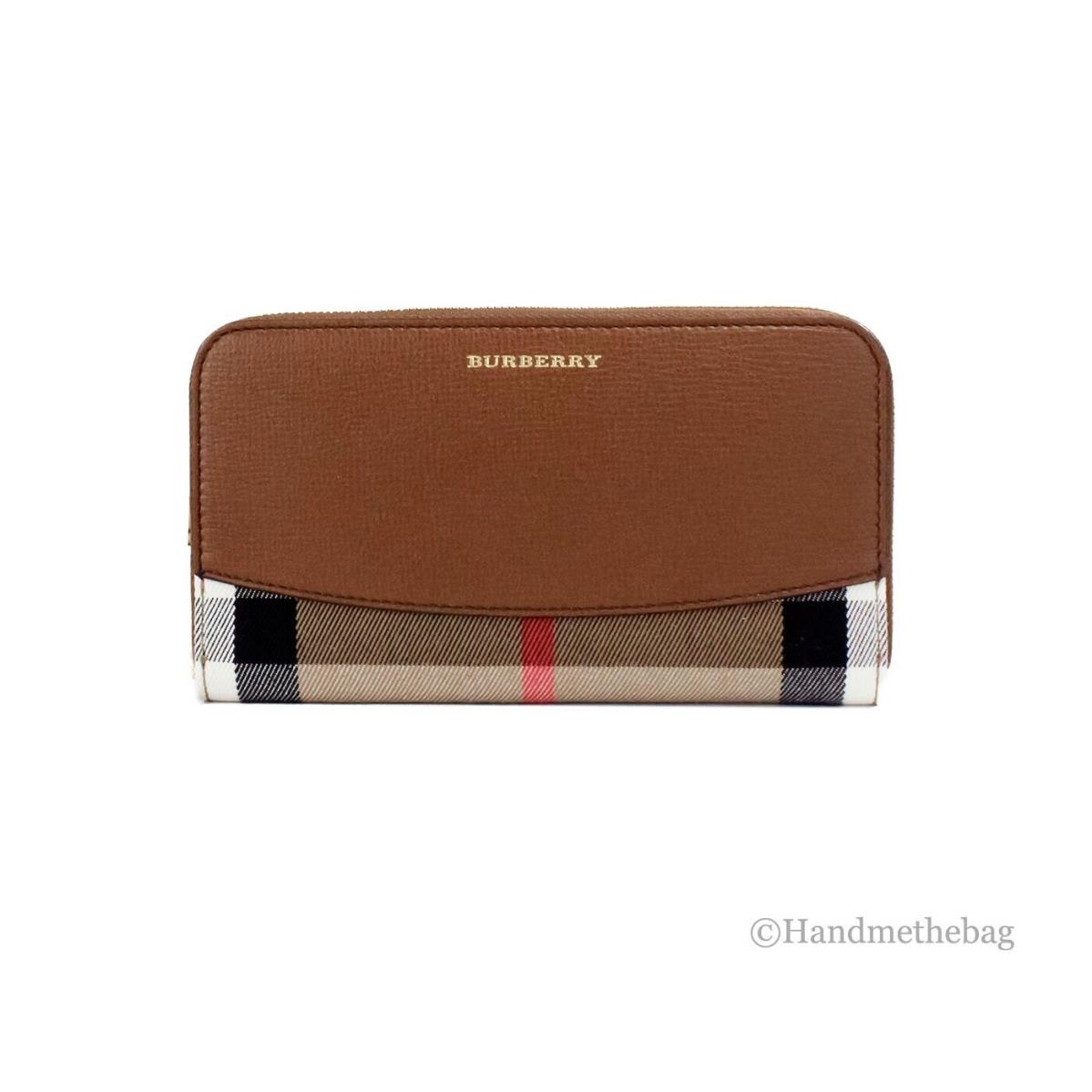 Burberry Elmore Tan Grainy Leather House Check Canvas Continental Clutch Wallet