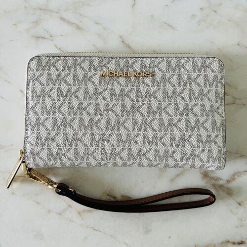 Michael Kors Jet Set Travel Vanilla Logo Flat MF Phone Case Zip Wallet Wristlet