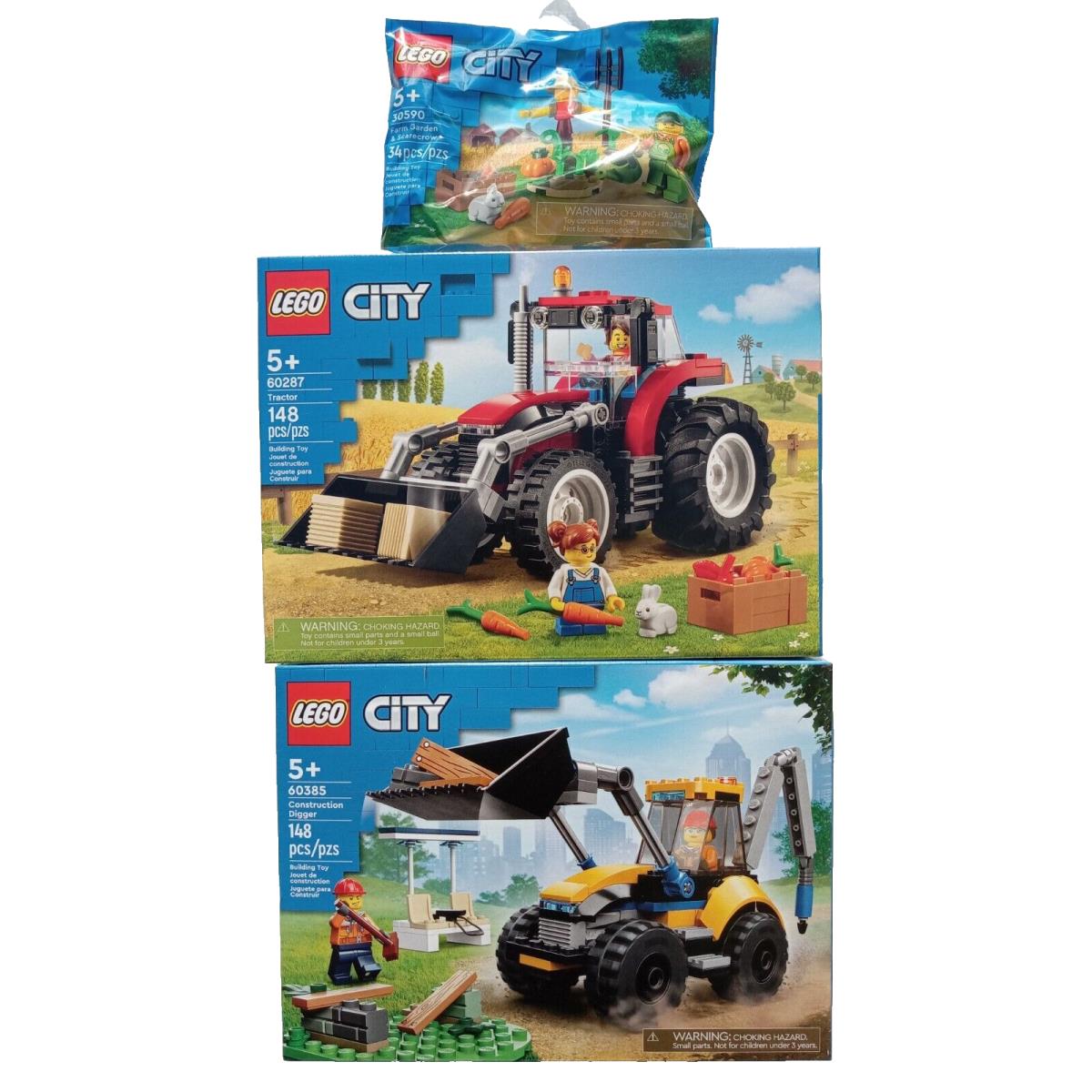 Lego City Farm Tractor Construction Digger + Farm and Garden Scarecorw