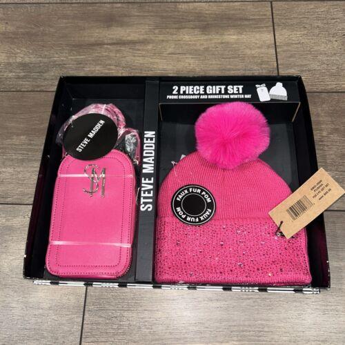 Steve Madden 2 PC Gift Set Pink Beanie Hat Matching Phone Crossbody Bag