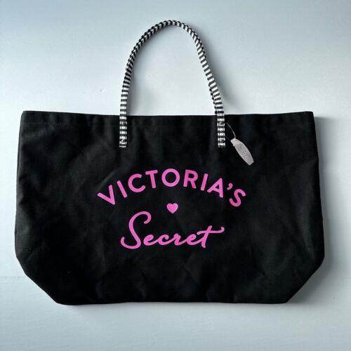 Victorias Secret XL Weekend Tote Bag Purse Gift Neon Pink Heart Stripped Black