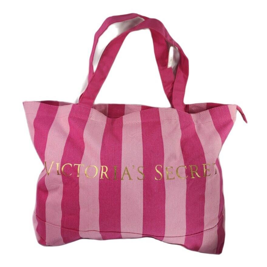 Victoria`s Secret Huge Pink Red Stripe Canvas Tote/beach Weekender Bag