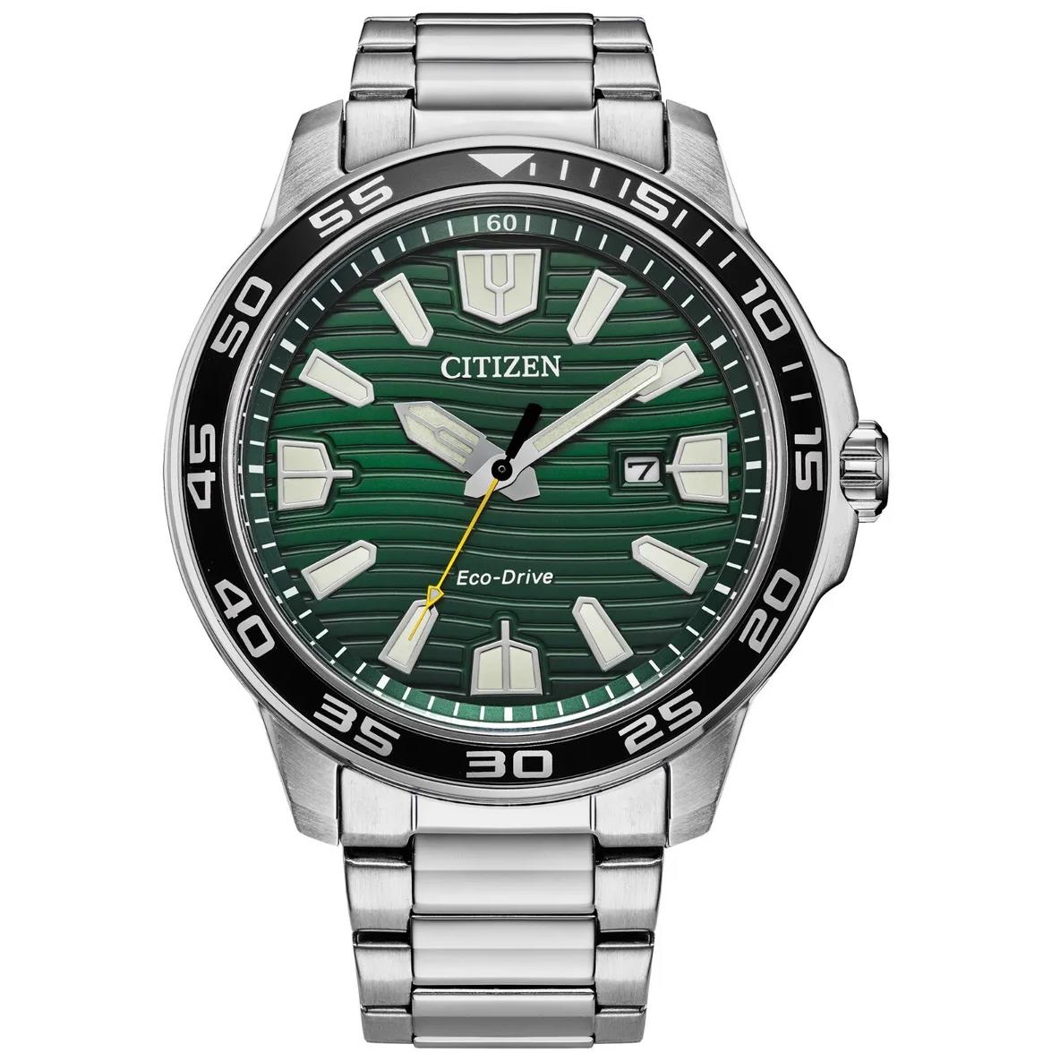 Citizen Men`s Eco-drive Sport Green Dial Stainless Steel Watch 45MM AW1701-56X - Dial: Green, Band: Silver, Bezel: Silver