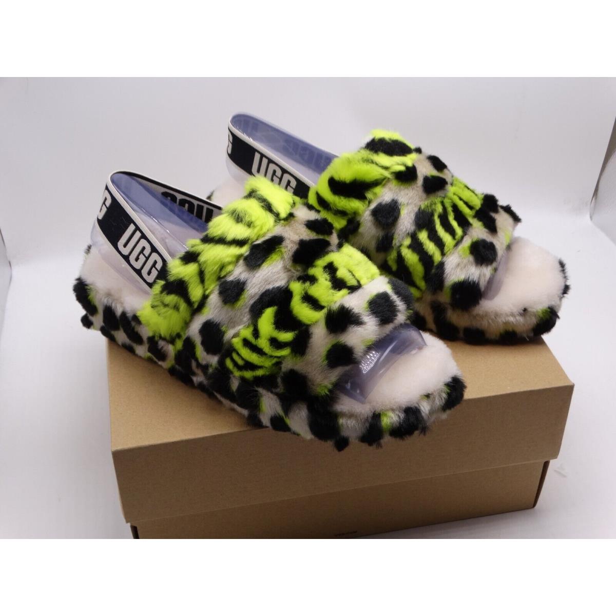 Womens Ugg Fluff Yeah Animalia Slide Fur Slippers Key Lime/blk 8