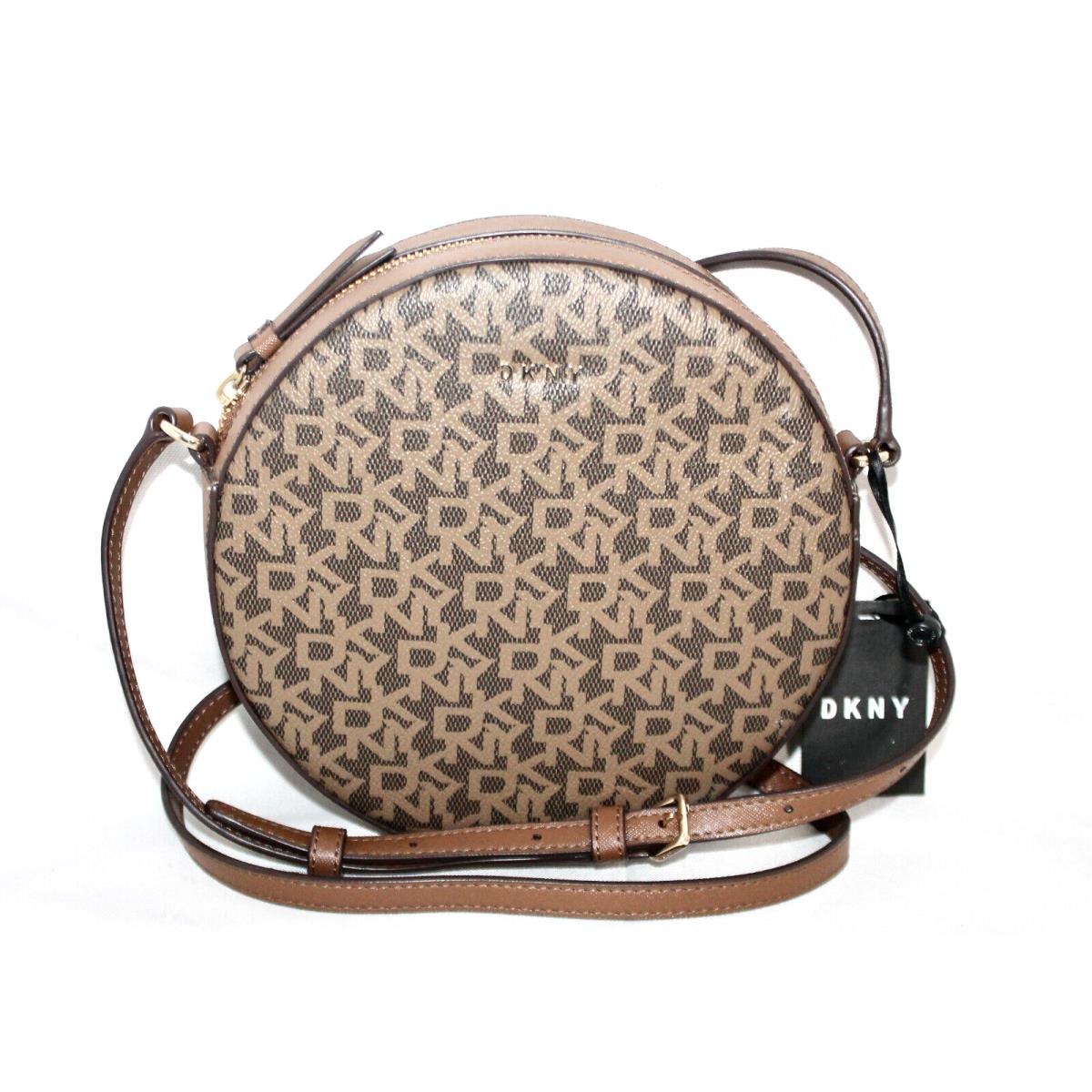 Dkny Donna Karan Brown Signature Print Round Canteen Crossbody Leather