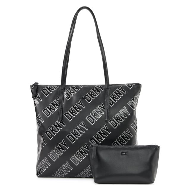 Dkny Phoenix 2 In 1 Large Tote Handbag 2-Piece Set Black White Signature Logo