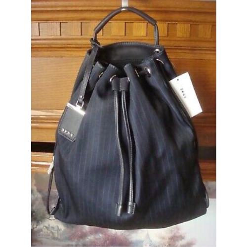 Dkny Navy Blue Pinstripe Leather Drawstring Slim Backpack