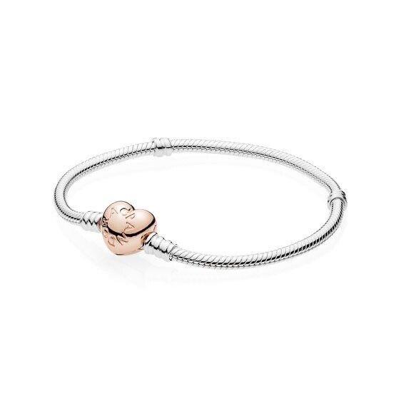 Pandora Silver Charm Bracelet with Rose Heart Clasp Size 21