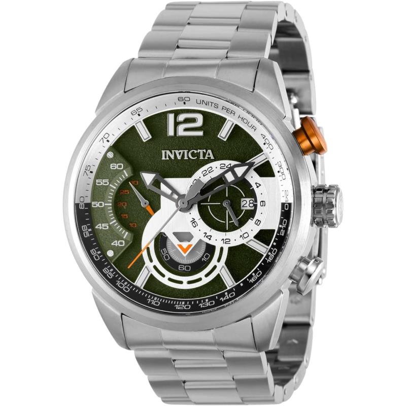 Invicta Men`s Aviator 39659 Quartz Watch - Dial: Green, Band: Silver