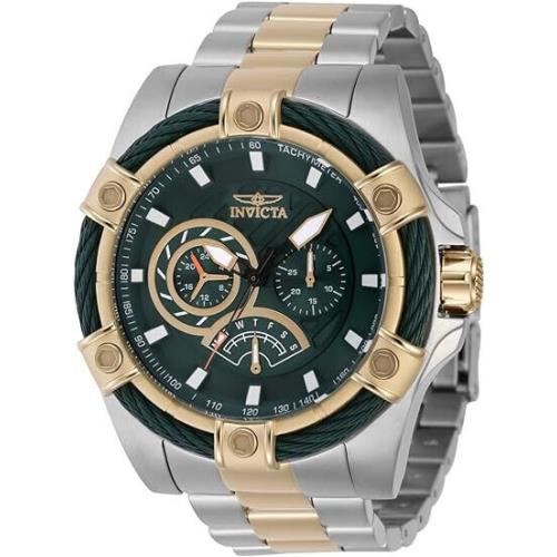 Invicta Men`s Bolt Watch 52MM Case Two-tone Green Dial Day-date Cable Bezel