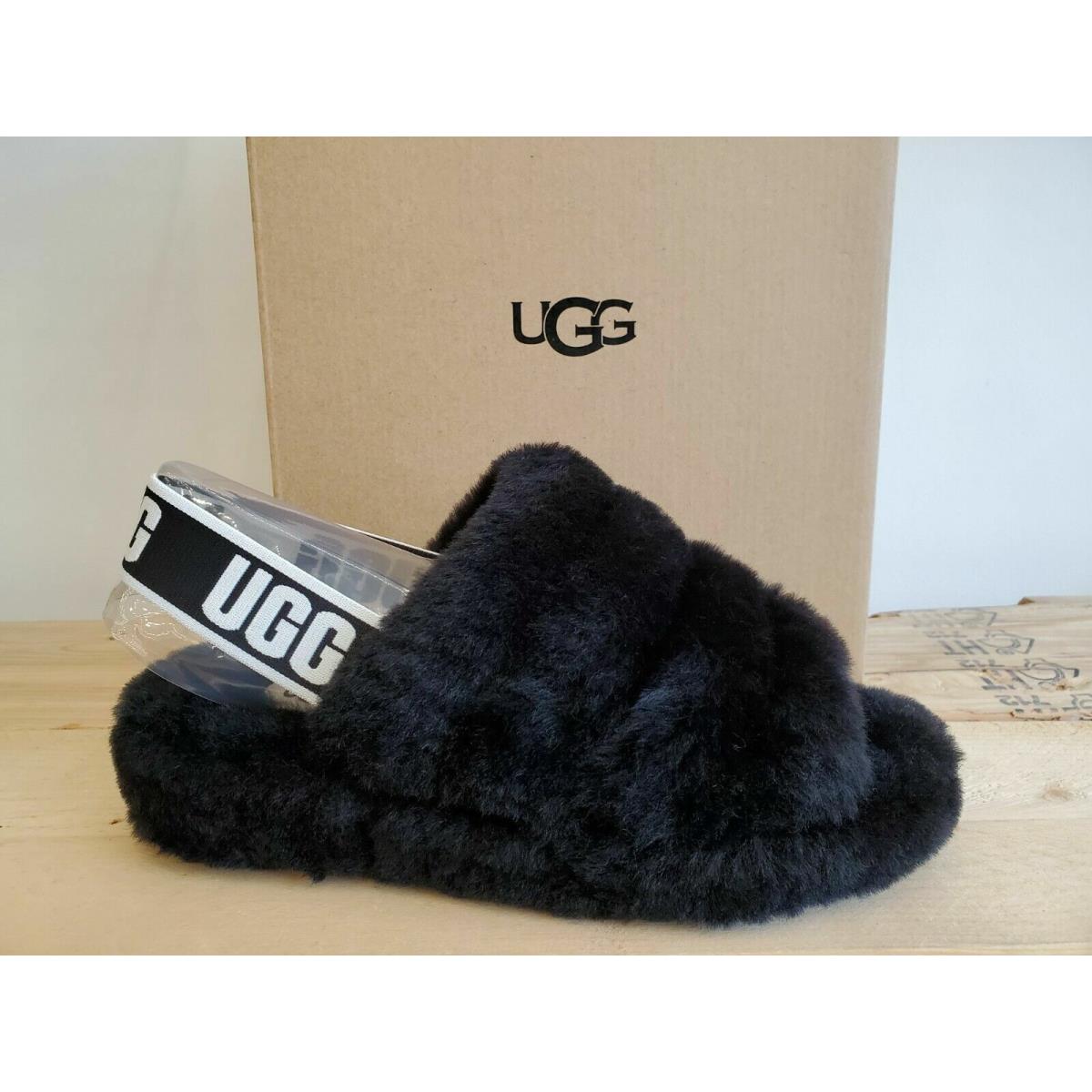 Ugg Australia Women`s Fluff Yeah Slides In Black Everyday Sheepskin Sandal