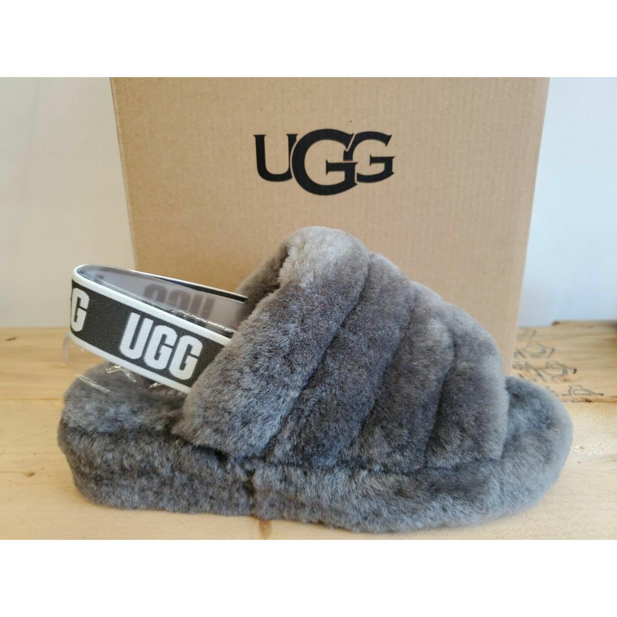 Ugg Australia Women`s Fluff Yeah Slides In Charcoal Everyday Sheepskin Sandal