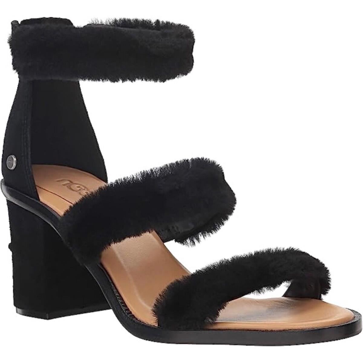 Ugg Del Rey Sheepskin Black Fluff Block Heel Sandal Open Toe Ankle Strap 6 37