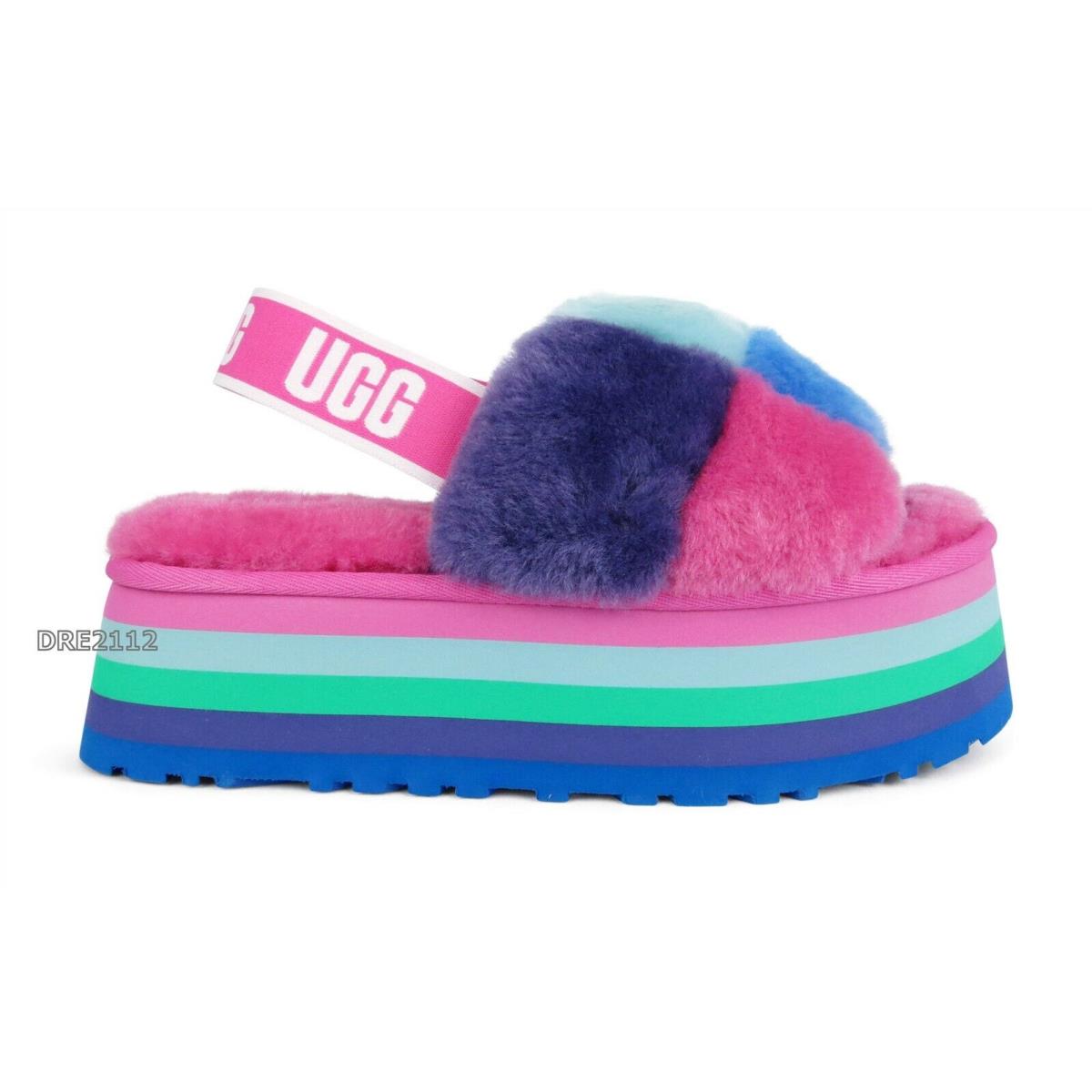 Ugg Disco Checker Slide Pride Rainbow Blue Fur Slippers Womens Size 7