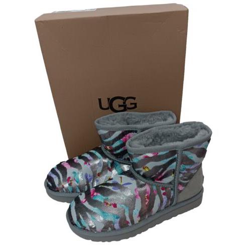 Ugg Mini Tiger Flower Boots Classic Sequin Gray Floral Stripe 8 Womens Box